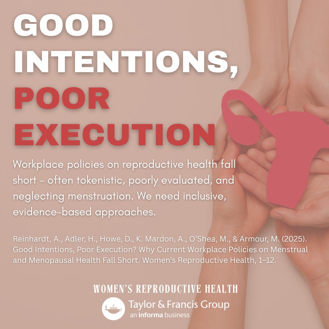 Despite growing attention to menopause, workplace policies remain underdeveloped, often neglecting menstruation. Inclusive, evidence-based policies must challenge stigma and make reproductive health an organisational concern.

Read more: doi.org/10.1080/232936…

#menstruation