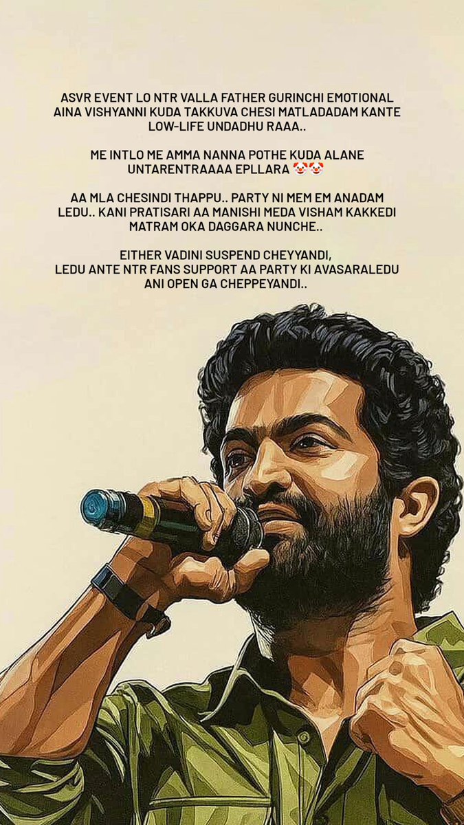 bglr_Tarak_girl's tweet image. Antha Goppa Natudu Gurunchi evado Pichiga Matladey Arhatha vanki ledhu ✊️❤️🔥
#SuspendPrasadMLA
#JaiNTR