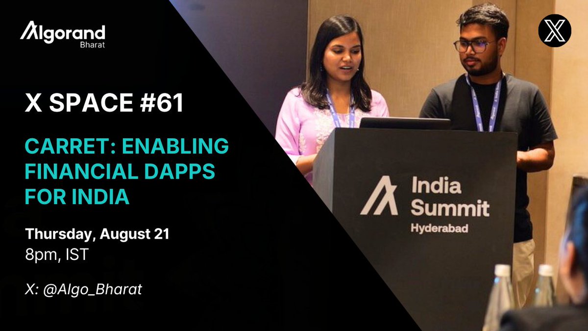 AlgoBharat (@algo_bharat) on Twitter photo Self custodial $ALGO requires regulatory oversight, making it difficult in India to process transactions.
Join AlgoBharat X Space #61 this Thursday, Aug 21, at 8pm to hear how <a href="/AlgoFoundation/">Algorand Foundation</a> Startup Lab company Carret is making this easier for everyone in our ecosystem while Self custodial $ALGO requires regulatory oversight, making it difficult in India to process transactions.
Join AlgoBharat X Space #61 this Thursday, Aug 21, at 8pm to hear how <a href="/AlgoFoundation/">Algorand Foundation</a> Startup Lab company Carret is making this easier for everyone in our ecosystem while