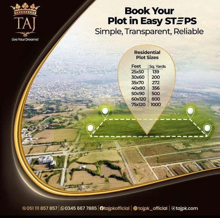 We believe in making things easy. Here's how you get your plot at Taj:

Step 1: Start Booking
Step 2: Receive Confirmation
Step 3: Get Allocation
Step 4: Complete Installments
Step 5: Receive Possession

It’s that simple — and we’re with you every step of the way.

📞 051 111 857