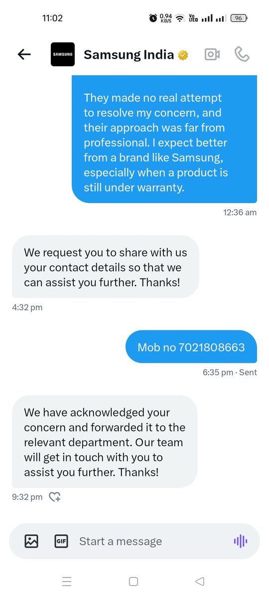 ameer0106's tweet photo. @SamsungIndia-DISGRACEFUL. 
5 days since your "acknowledgment" (Aug 14), ZERO resolution! My warranty claim was:  
DENIED by Mitra Traders, Barrackpore.
IGNORED despite providing contact details. 
GHOSTED after your empty promise to "contact me"  
This is WARRANTY FRAUD. https://t.co/27ewZYBeBy