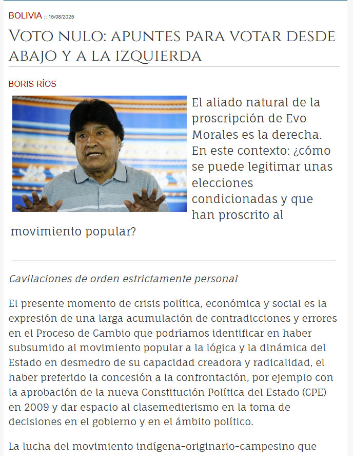 VOTO NULO, gana la consigna <a href="/evoespueblo/">Evo Morales Ayma</a> en elecciones bolivianas q proscribió al movimiento popular. La traición al MAS-IPSP tienen nombres: Arce, Choquehuanca, García Linera, Andrónico y una lista de "oportunistas" que han "colaborado" con la derecha. lahaine.org/mundo.php/voto…