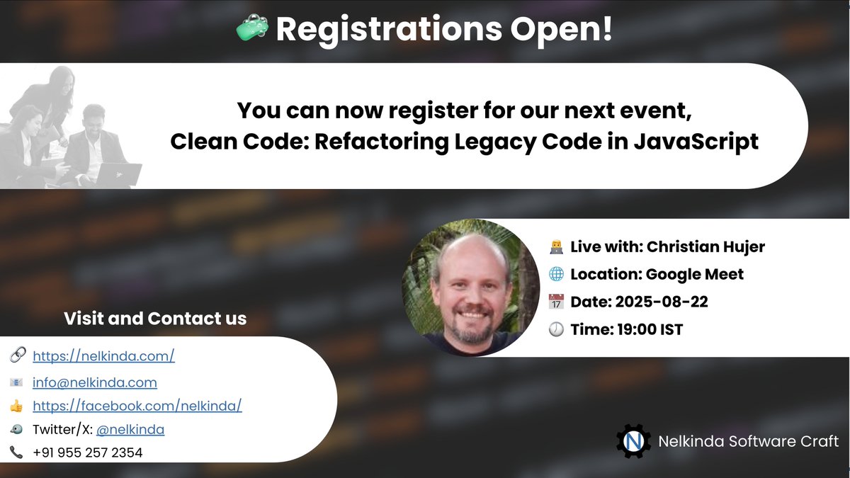 nelkinda's tweet image. 🚀 Registrations OPEN! Join @nelkinda & @christianhujer — Clean Code: Refactoring Legacy Code in JavaScript
📅 22 Aug | 19:00 IST | Google Meet
🎟 Triffuns: triffuns.com/events/d07106a…
Or
🎟 Meetup: meetup.com/meetup-group-n…
#CleanCode #JavaScript #Refactoring