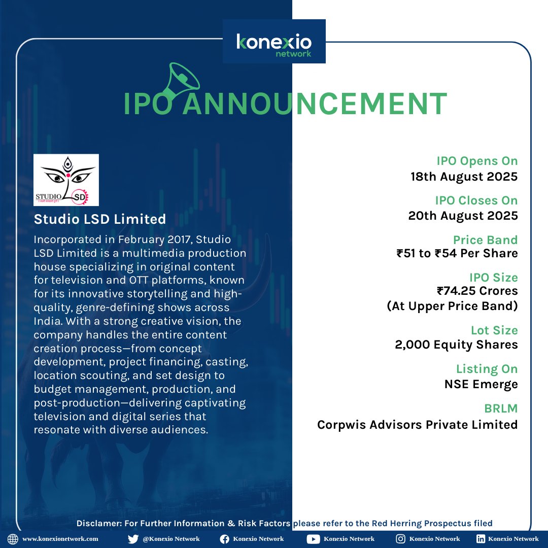 KonexioNetwork's tweet photo. Studio LSD Limited IPO Opening Today
#NSEasyConnect #ott #Cinema #ipo https://t.co/ZA63L5y99g