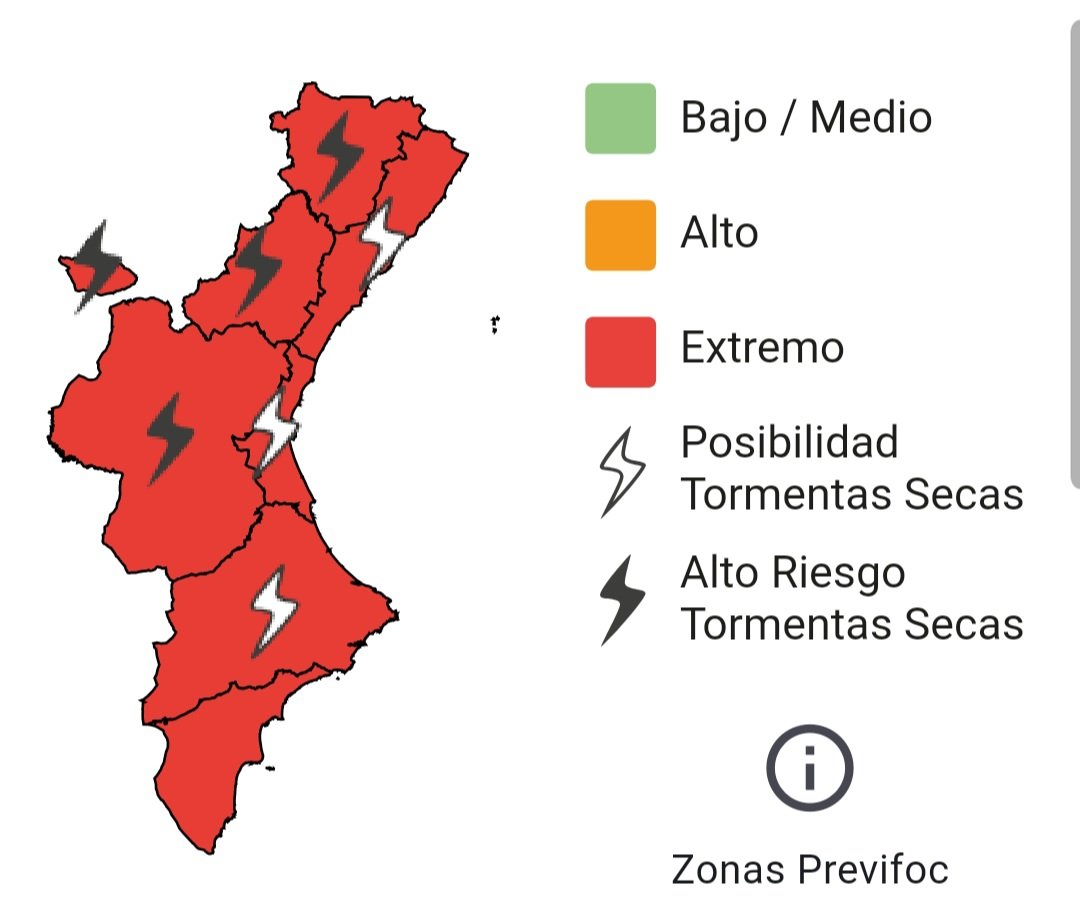 🔥El nivell de preemergència per risc d'incendi forestal hui 18/08 és:

🔴EXTREM  a tota la Comunitat Valenciana.

⚡️Molta atenció amb les tempestes seques. Els llamps poden provocar incendis. 

➡️Si veus fum o foc, telefona a l'112.