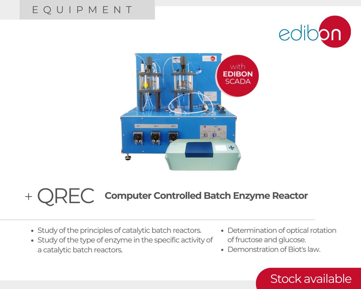 The Computer Controlled Batch Enzyme Reactor (QREC) has been designed to perform the glucose isomerisation reaction catalyzed by glucose isomerase in a batch reactor: edibon.com/en/computer-co…  

#DiscoverEDIBON #ChemicalEngineering