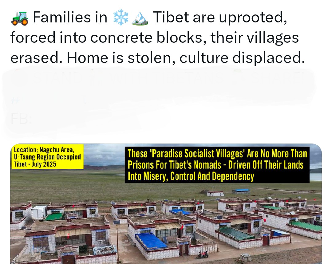 བོད་ལྗོངས་ཀྱི་ཁྱིམ་❄️🏔️ ཚང་རྩ་བ་ནས་བལ་བ་དང་མཉམ་དུ་ཨར་འདམ་གྱི་རྡོག་བུ་ཞིག་ཏུ་གྱུར་ནས་ཁོ་ཚོའི་གྲོང་ཚོ་དེ་བདེ་ཐང་དུ་གྱུར་ཡོད། ཁྱིམ་གཞིས་རྐུ་ཁྱེར་བྱས་པས་རིག་གནས་གནས་ཡུལ་གྱར་དུ་སོང་།
<a href="/mike877711/">མཐོ་སྒང་གི་འབྲོག་ཕྲུག（互Fo互Zan）</a> <a href="/jenniferzeng97/">Inconvenient Truths by Jennifer Zeng</a> <a href="/SamWalton/">Sam Walton</a> <a href="/serpentza/">Winston Sterzel</a> <a href="/shaojiang/">Shao Jiang 邵江</a> 
#StandWithTibet #FreeTibet