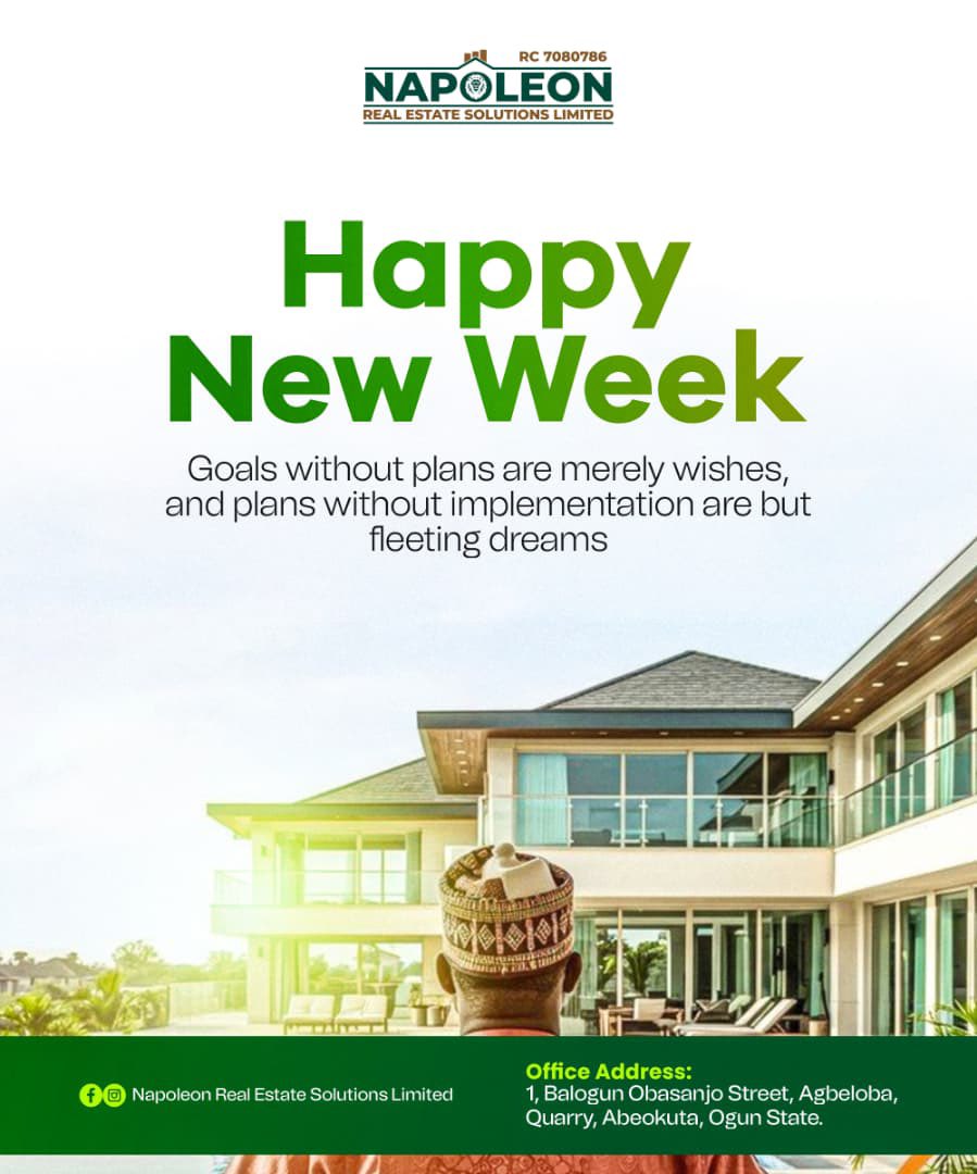 napoleonestate's tweet image. 🌟 New week, new opportunity!
Secure your future with Napoleon Real Estate Solutions Ltd. 🏡
✅ Prime locations
✅ Flexible payment plans
✅ Guaranteed ROI

📲 +234 907 144 1441
#NapoleonRealEstate #OwnAPlot