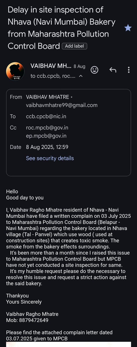 <a href="/CPCB_OFFICIAL/">Central Pollution Control Board</a> Bombay HC strictly prohibited use of wood in bakery but a bakery in Nhava is still using it. I wrote to <a href="/mpcb_official/">Maharashtra Pollution Control Board</a> &amp; <a href="/Navimumpolice/">नवी मुंबई पोलीस - Navi Mumbai Police</a> on 03.07.25 &amp; also emailed you on 08.08.25. Please do the necessary.
<a href="/PMOIndia/">PMO India</a> <a href="/Pankajamunde/">Pankaja Gopinath Munde</a>
<a href="/navimumbaicv/">Navi Mumbai Citizen Voice 🇮🇳 नवी मुंबई नागरिक</a> <a href="/sunnyagro/">Sunil - Wetland Champion</a> <a href="/htTweets/">Hindustan Times</a>