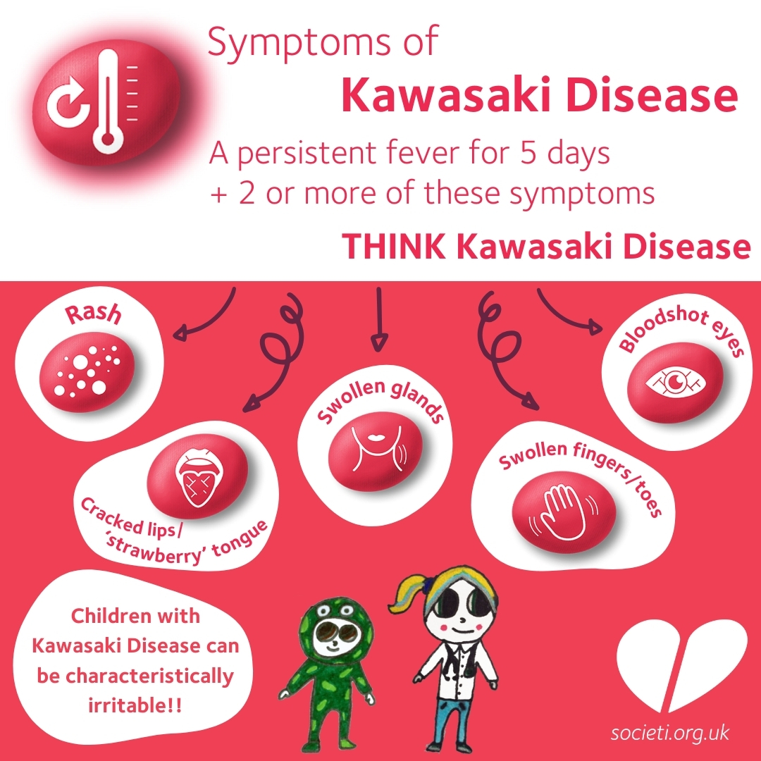 Societi_UK_KD's tweet photo. Persistent fever for 5 Days 🔥
+2 or more of these symptoms
Rash
Swollen Glands in the neck - often just on one side
Bloodshot eyes (not sticky)
Red/swollen hands and feet
Dry sore mouth, 'strawberry tongue', cracked lips

#KawasakiDisease is always a medical emergency! 🚨🚑 https://t.co/WQeSVpqjxm