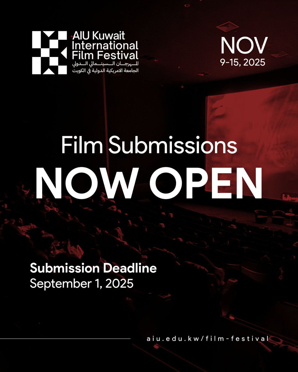 🎬 Submit your film today! 🎞️
Submissions are now OPEN for the AIU Kuwait International Film Festival 2025! Filmmakers globally are invited to submit their films and shine at this celebrated event, taking place November 9–15.
Don't miss your chance—submission deadline is