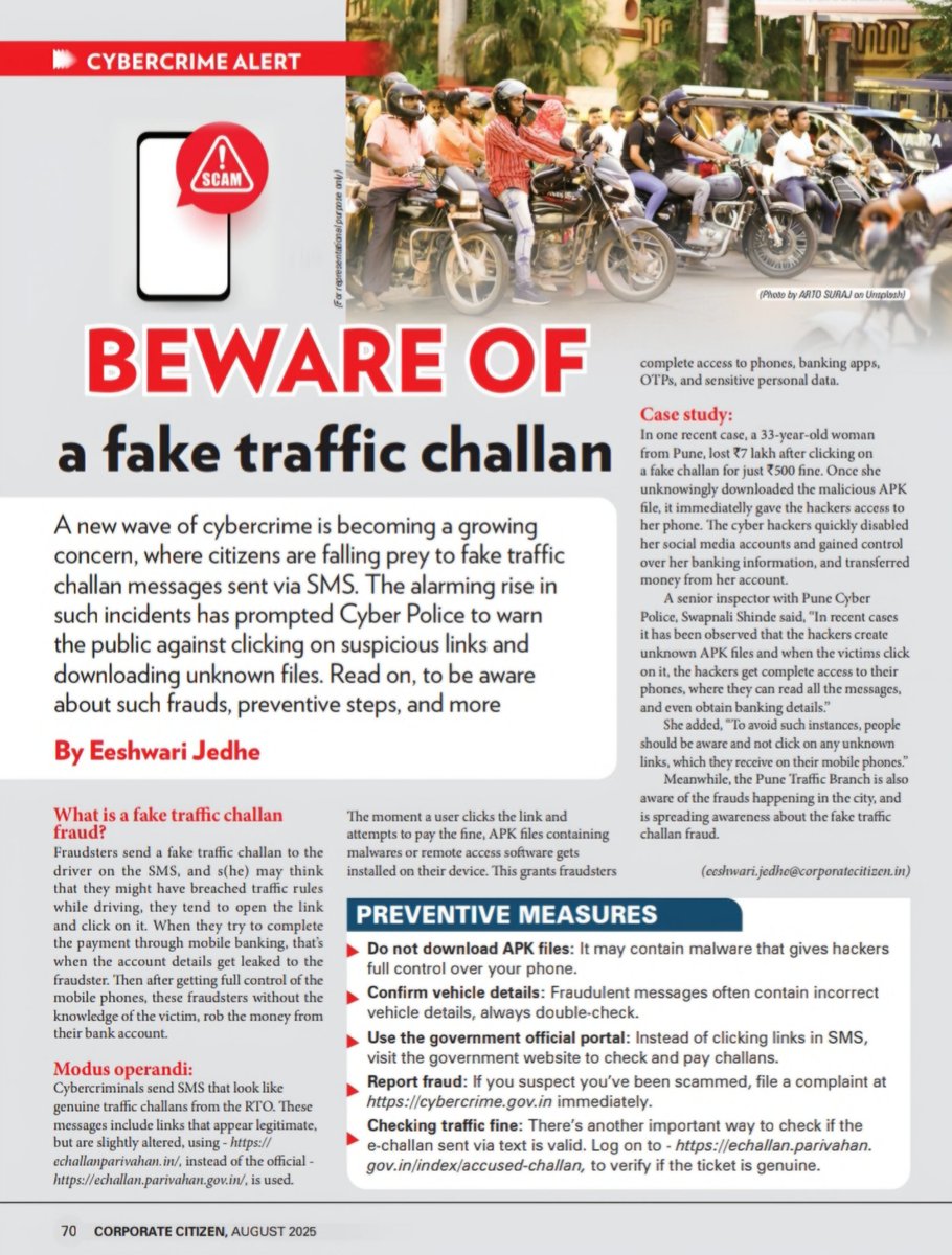🚦 Got a “traffic challan” SMS? Think twice before you click! ⚠️

Fraudsters are sending fake links that steal your banking details in seconds.
👉 Always check on the official site: echallan.parivahan.gov.in

Read more on corporatecitizen.in/v11-Issue3/cyb… 

#Cybercrime #Punenews #CrimeNews