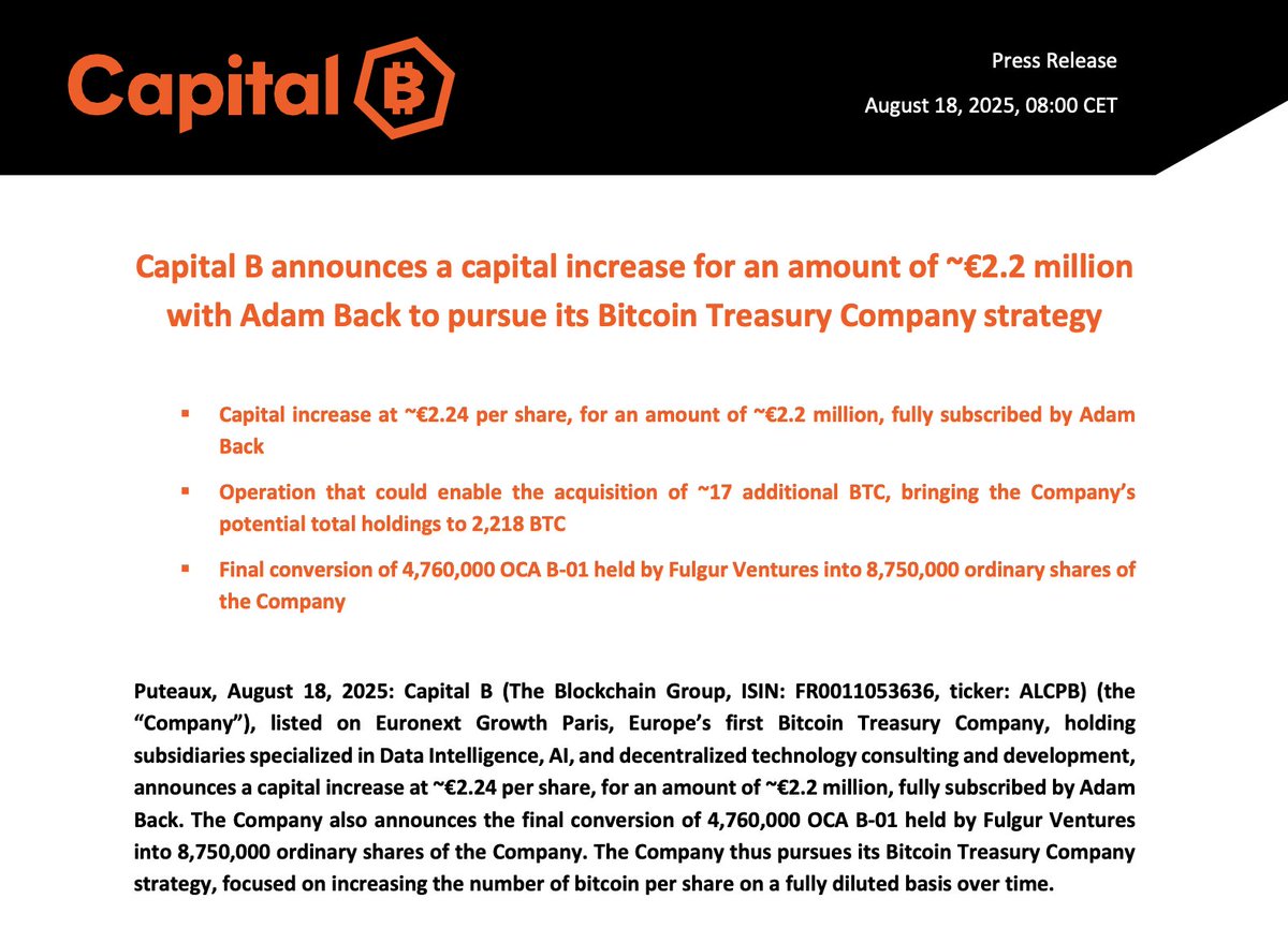 _ALCPB's tweet image. 🟠 Capital B announces a capital increase for an amount of ~€2.2 million with Adam Back (@adam3us) to pursue its Bitcoin Treasury Company strategy⚡️

Full Press Release (EN): cptlb.com/wp-content/upl…

Full Press Release (FR): cptlb.com/wp-content/upl…

BTC Strategy (EN):…