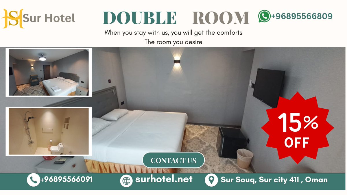 surhotel's tweet photo. ✨ Escape to comfort at Sur Hotel ✨
🛏️ Double Room Special – Now with 20% OFF!
📅 Valid until 31 August 2025
📍 Sur, Oman
Book your stay today &amp; enjoy the room you desire 💫
🌐 https://t.co/KOjQMDhZ5O | 📞 +96895566809 | 📧 booking@surhotel.net #Oman #hotels https://t.co/oTbi5Tswrr