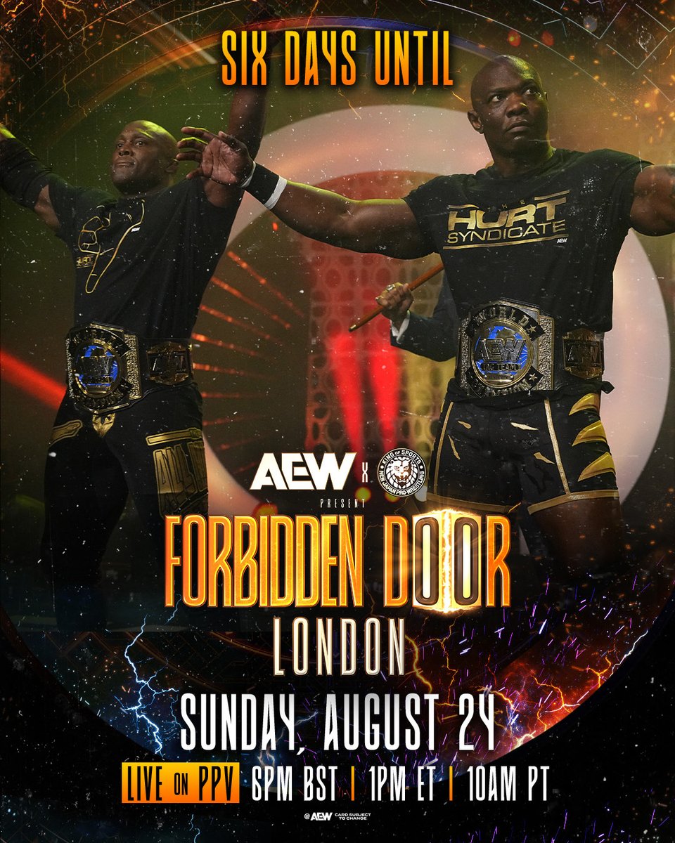 London, are you ready?

👀 SIX DAYS until AEW x NJPW #ForbiddenDoor goes down THIS SUNDAY LIVE on PPV from The O2!
allelitewrestling.com/aewonppv