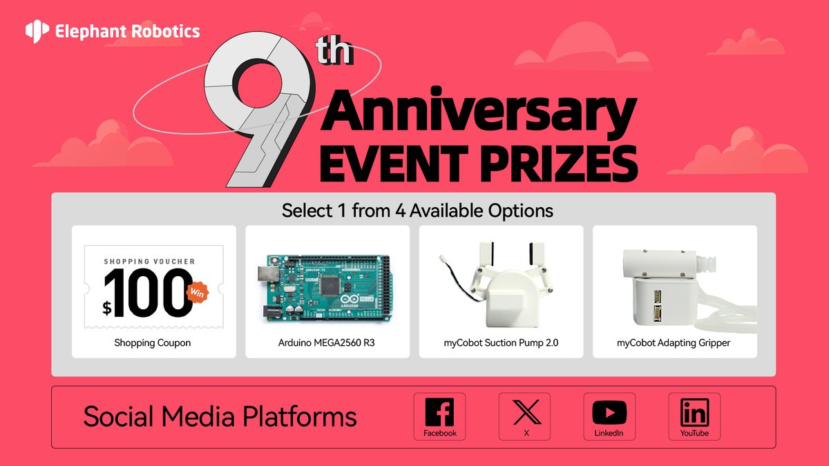 CobotMy's tweet image. 🎉 #ElephantRobotics9 Anniversary Giveaway - Round 3 🎉Let the party continue!🥳
💬 Round 3: "Share Your Story" Rules:
⏰August 18 - 29
1️⃣ Publish your case study or video of Elephant Robotics' robots on social media platforms like #YouTube, #Hackster.io, #X, #Facebook, and…