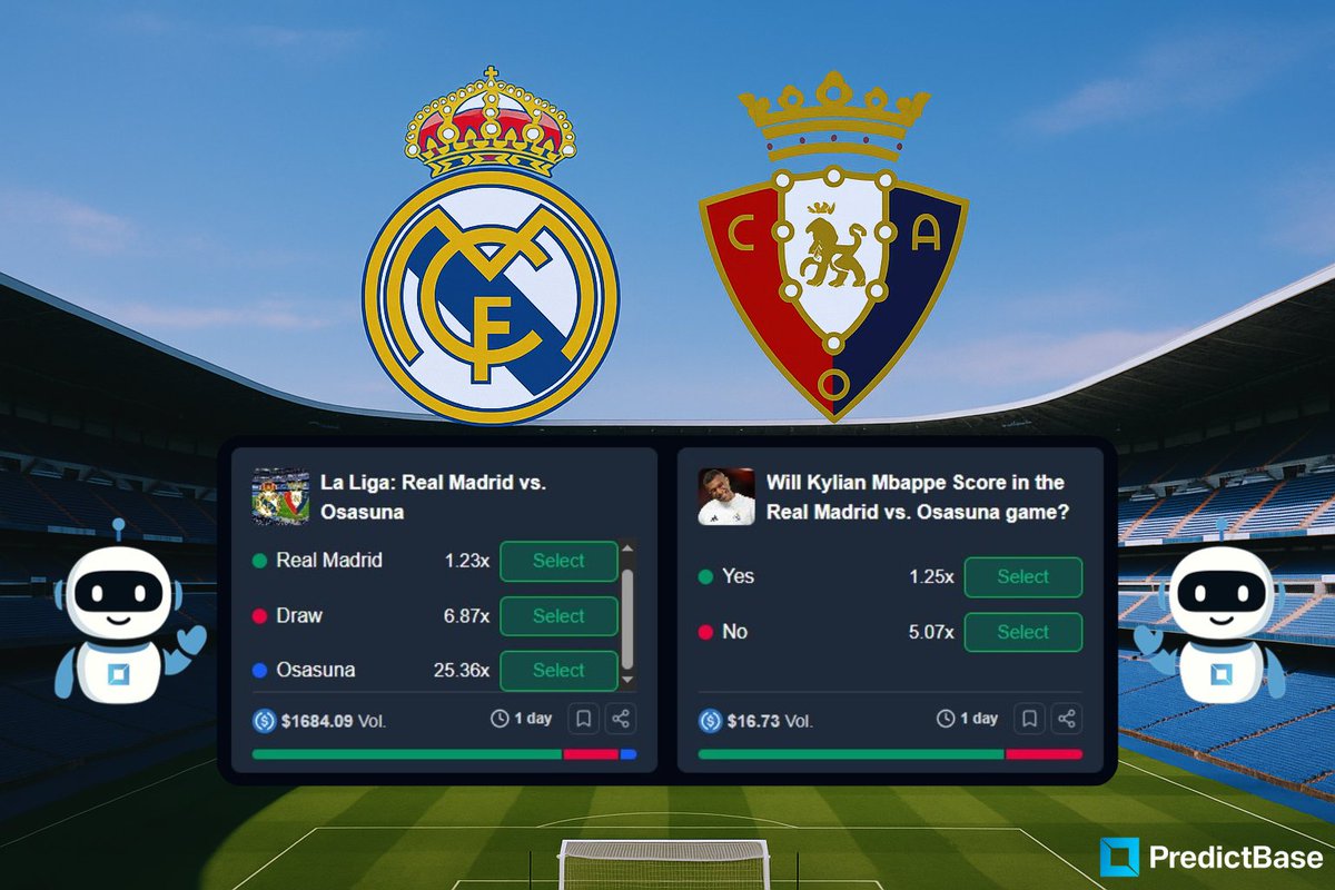Sergius Lens (@serhio_lens) on Twitter photo โฝ๏ธBeat the Odds: Madrid Edition!
๐ช๐ธ La Liga kicks off on August 19th with Real Madrid vs Osasuna! Iโve spotted two bets on <a href="/PredictBase/">PredictBase</a> and want to share this alpha with you!
1๏ธโฃ Real Madrid win => x1.23. It's safe, reliable, and hard to go wrong with. I hardly believe in draw โฝ๏ธBeat the Odds: Madrid Edition!
๐ช๐ธ La Liga kicks off on August 19th with Real Madrid vs Osasuna! Iโve spotted two bets on <a href="/PredictBase/">PredictBase</a> and want to share this alpha with you!
1๏ธโฃ Real Madrid win => x1.23. It's safe, reliable, and hard to go wrong with. I hardly believe in draw