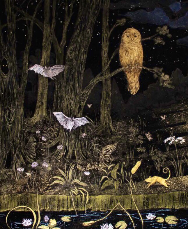 Owl in a #darkmoon  forest. 
#Art by Tuesday Riddell. 

This beautiful piece is made with the technique of Japanning - gold leaf, silver leaf, gold &amp; silver powder, pigment &amp; paint on European lacquer. #OwlishMonday #FairyTaleTuesday