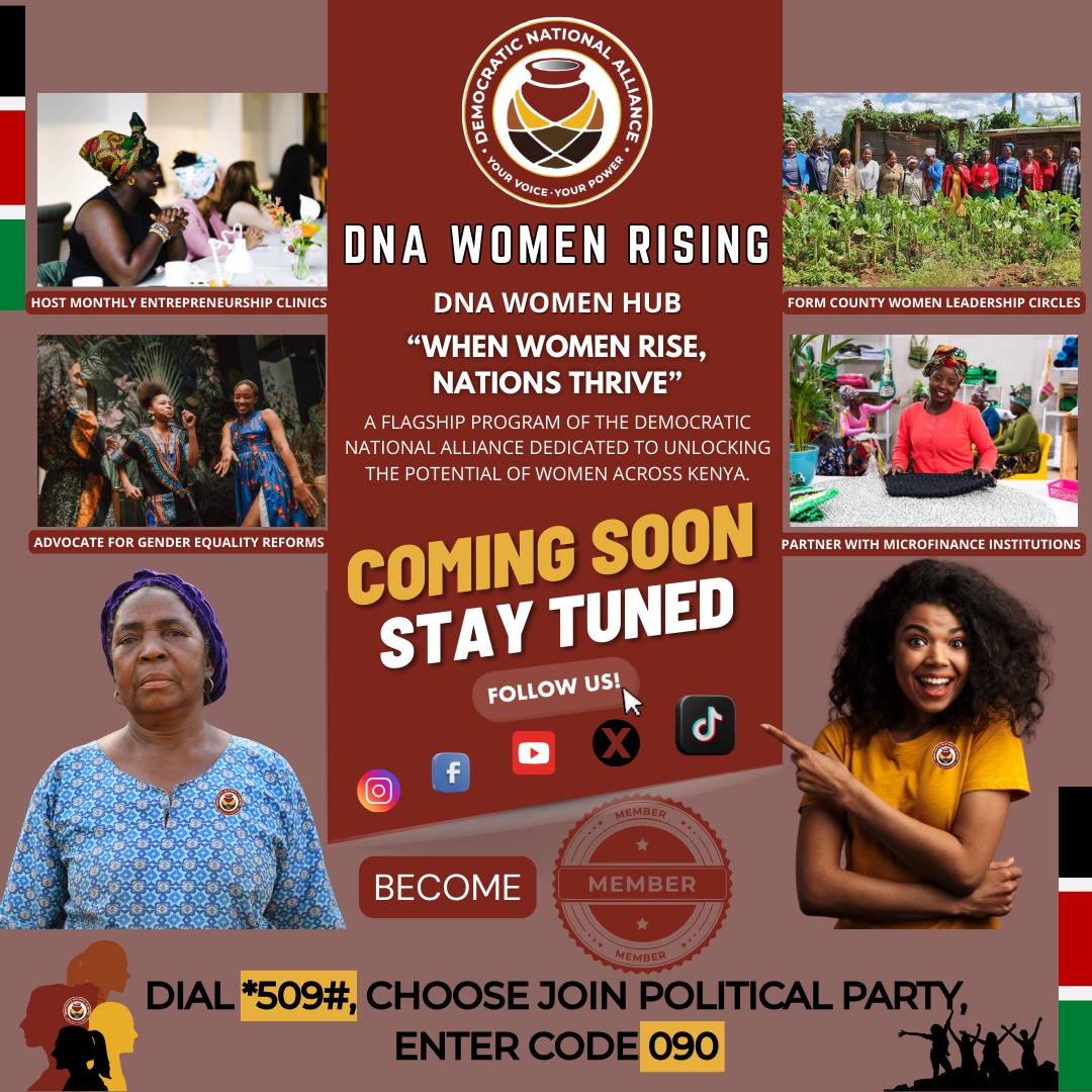 Churchill Odhiambo (@churchilljm) on Twitter photo The <a href="/DNAPartyKe/">Democratic National Alliance - DNA</a> is planning something really HUUUGE for the Kenyan women.
Hurry up and register as a member to be part of an incredible experience.
#HarambeeStars
#MUNARS The <a href="/DNAPartyKe/">Democratic National Alliance - DNA</a> is planning something really HUUUGE for the Kenyan women.
Hurry up and register as a member to be part of an incredible experience.
#HarambeeStars
#MUNARS
