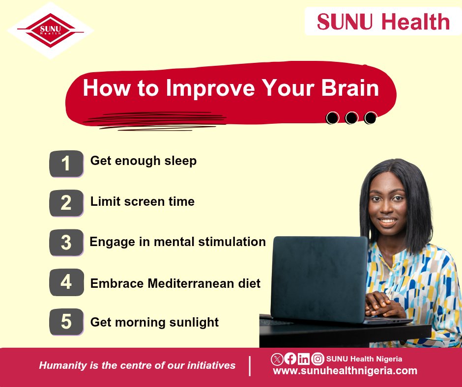 sunuhealth's tweet photo. Welcome to a brand new week.

It's right about time to unlock your full potential! Here are some practical ways to improve your brain function:
1. Get enough sleep
2. Limit screen time
3. Engage in mental stimulation
4. Embrace Mediterranean diet
/1 https://t.co/NAFLaW4XZ2