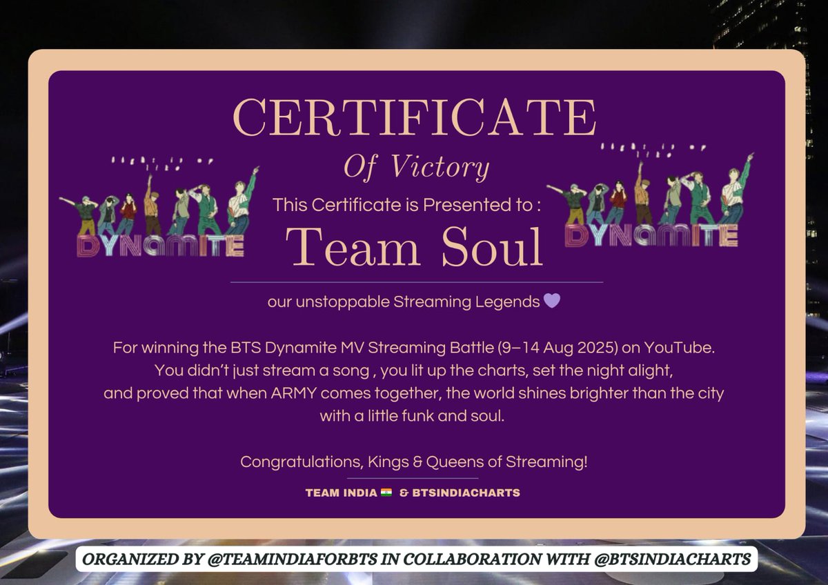 teamindiaforbts's tweet photo. 🌟 Celebrating Streaming Legends!
This victory belongs to Team Soul, who streamed with heart and claimed the crown! 👑💜 But we also celebrate Team Funk, whose incredible efforts made this battle exciting and powerful. Together, both teams proved that ARMY never stops shining! ✨🔥

Organized by @teamindiaforbts in collaboration with @BTSIndiaCharts

#TeamSoul #TeamFunk #StreamingBattle #BTS #BTSARMY #ARMYStreamingPower #TogetherWeShine #TeamINDIAforBTS #LOVEMYSELF #BTSISCOMING