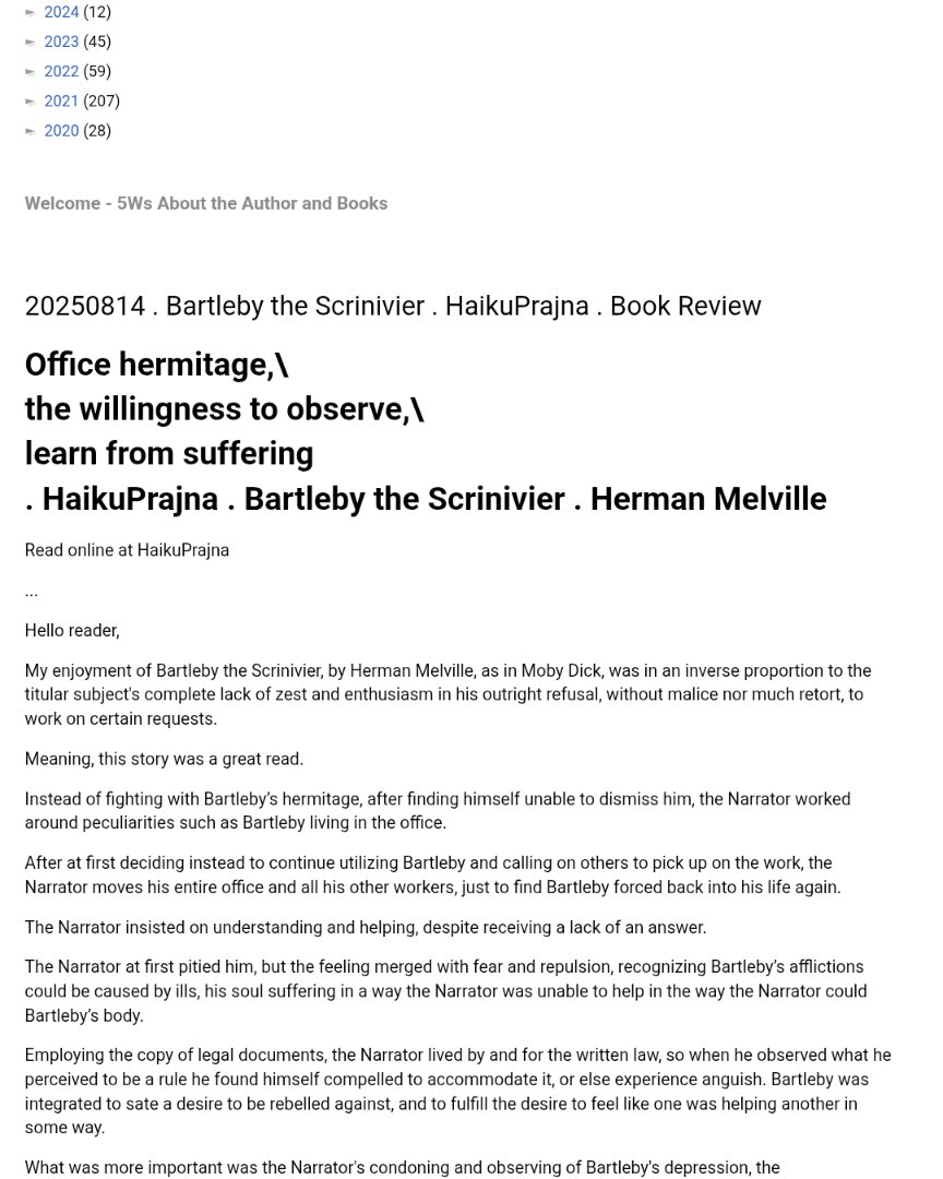 HaikuPrajna's tweet image. Office hermitage,\ the willingness to observe,\ learn from suffering
. HaikuPrajna . #Bartleby the Scrinivier . #HermanMelville
Read online at #HaikuPrajna 
.
Thank you for #reading,
Until next time!
Allen W. McLean