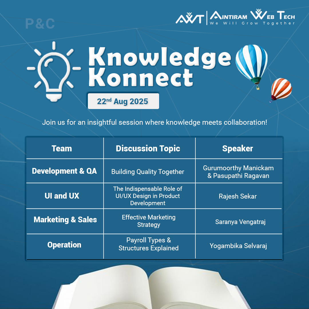 aintiram_in's tweet image. 💡Knowledge Konnect 2025 is here!

On 22nd Aug, Team AWT comes together to learn, share &amp;amp; grow.🌱

✨Ideas.
✨Insights.
✨Innovation.

Because collaboration is where growth begins.🚀

#KnowledgeKonnect #Salesforce #TeamAWT #LearningCulture  #WeWillGrowTogether #AintiramWebTech