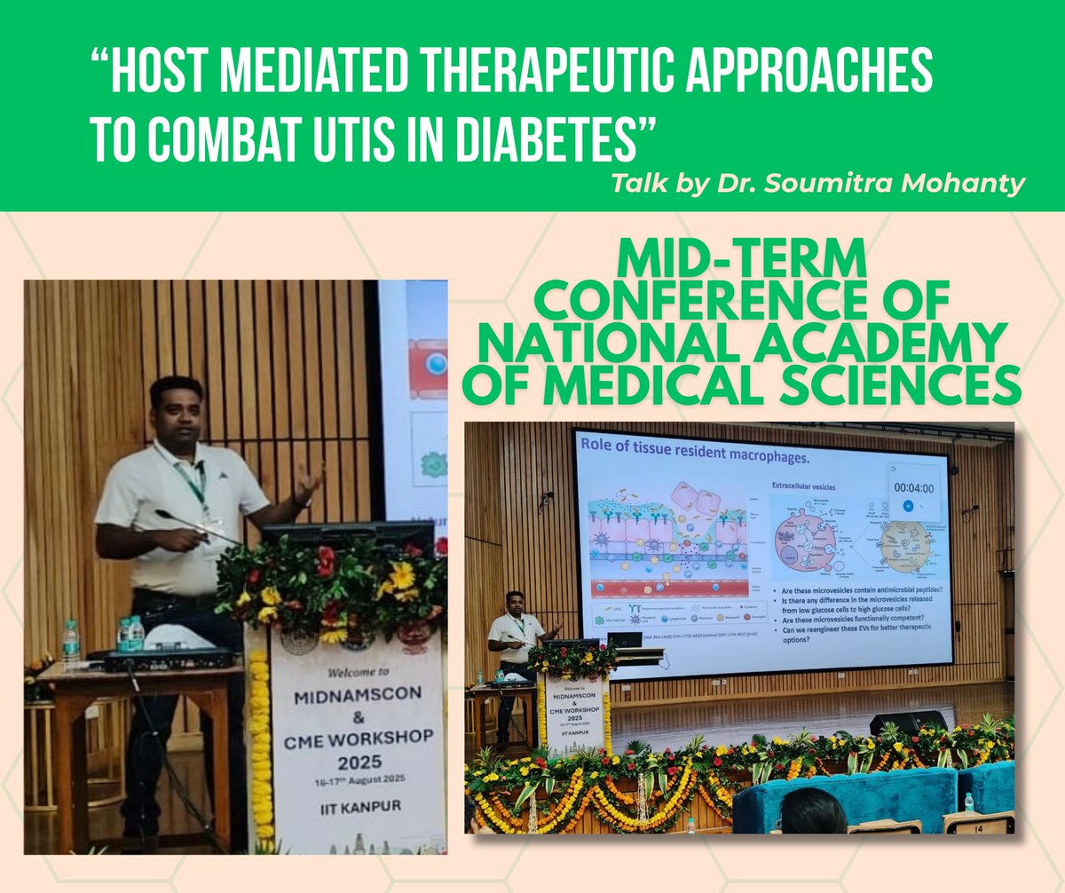 FollowDbtNibmg's tweet photo. #InvitedTalk | #MIDNAMSCON2025 @IITKanpur
Dr. Soumitra Mohanty, Ramalingaswami Fellow at BRIC-NIBMG, spoke at the Mid-Term Conference of the National Academy of Medical Sciences (India), organized by @IITKanpur BSBE (Aug 16–17).
🧪Talk title: “Exploring host-mediated therapeutic approaches to combat UTIs in diabetes”
His work highlights innovative strategies to tackle infection by leveraging host biology—opening new avenues for precision therapeutics.
@DBTIndia @BricDbt @DrSagarSengupta @DrJitendraSingh @rajesh_gokhale 
#BRIC_NIBMG #MedicalResearch #UTIResearch #PrecisionMedicine #NAMSIndia