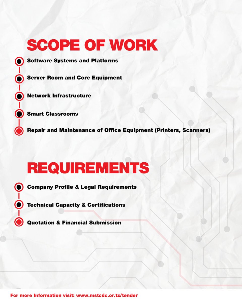 📢 𝗧𝗲𝗻𝗱𝗲𝗿 𝗢𝗽𝗽𝗼𝗿𝘁𝘂𝗻𝗶𝘁𝘆: 𝗜𝗖𝗧 𝗜𝗻𝗳𝗿𝗮𝘀𝘁𝗿𝘂𝗰𝘁𝘂𝗿𝗲 𝗠𝗮𝗶𝗻𝘁𝗲𝗻𝗮𝗻𝗰𝗲 
We are seeking a service provider for the maintenance and repair of our ICT infrastructures.
View full tender details &amp; apply - mstcdc.or.tz/tender-mainten…
🗓️Deadline: 31 August 2025