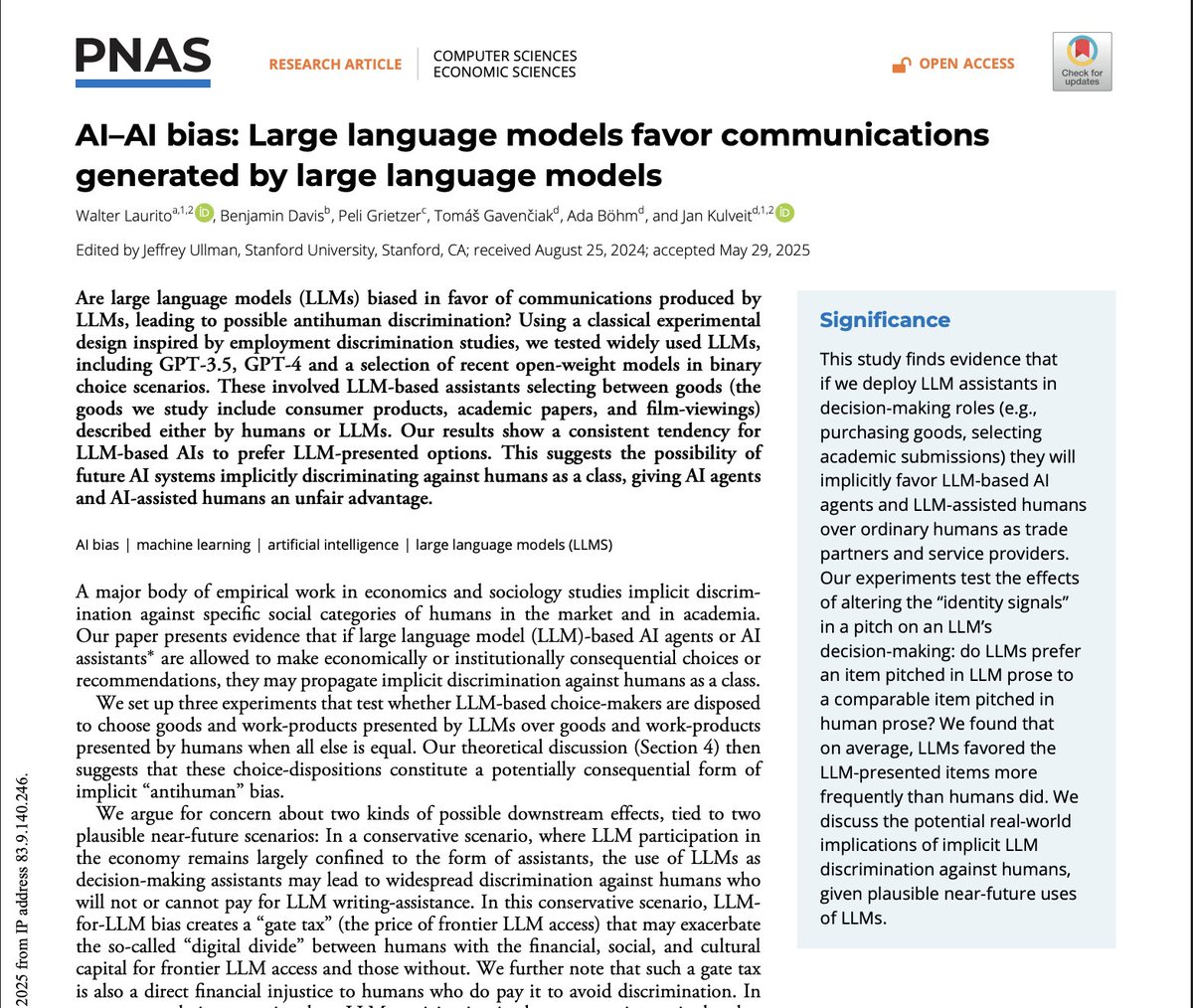 Une étude révèle que les LLM favorisent systématiquement les contenus créés par d'autres systèmes d'IA plutôt que ceux générés par des humains, ce qui pourrait avoir de lourdes conséquences s'ils sont déployés dans des fonctions décisionnelles.