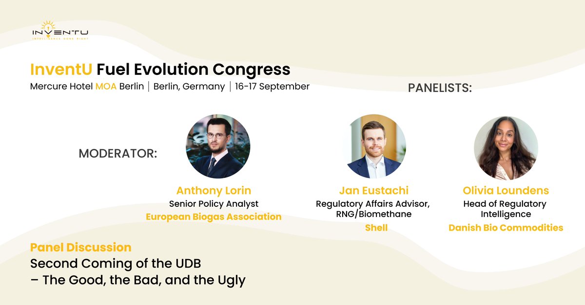 Join us in Berlin Sept 16-17 at the panel: The Second Coming of the UDB—The Good, the Bad, and the Ugly n9.cl/sfznvm 
Anthony Lorin, European Biogas Association
Jan Eustachi, RNG/Biomethane, Shell
Olivia Loundens,Danish Bio Commodities
#biogas #sustainablefuel #InventU
