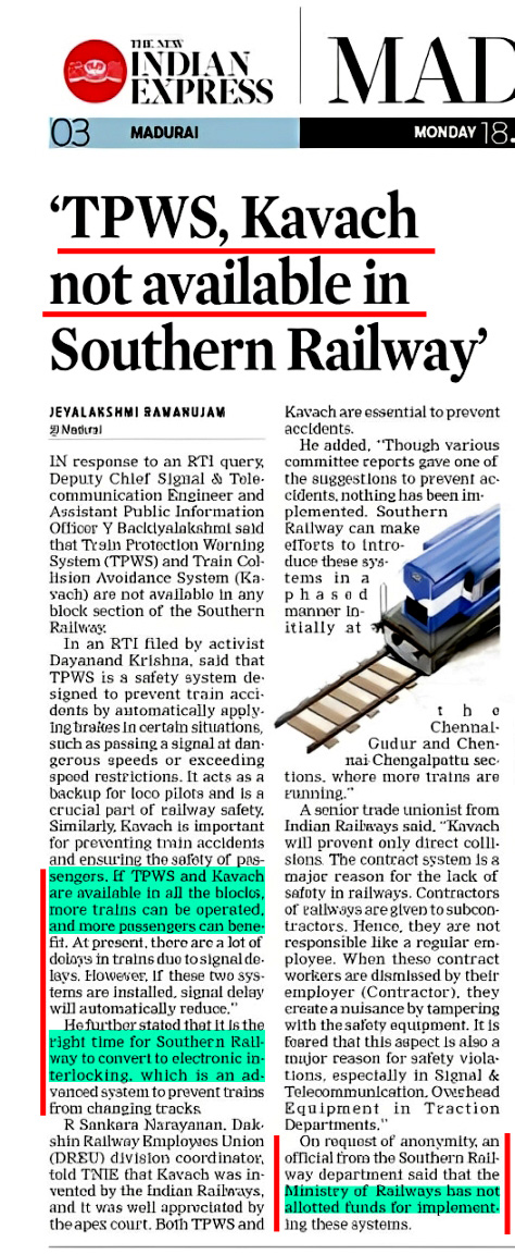 dayatiger197312's tweet image. #TPWS Train_Protection_Warning_System, #Kavach NOT AVAILABLE in Southern Railway No #Automatic_Signalling_Block available for 680km #DoubleTrack from Chengalpattu to Kanyakumari
@narendramodi
@AshwiniVaishnaw
@CMOTamilnadu
without any delay IR should implement EI &amp;amp; TPWS in TN