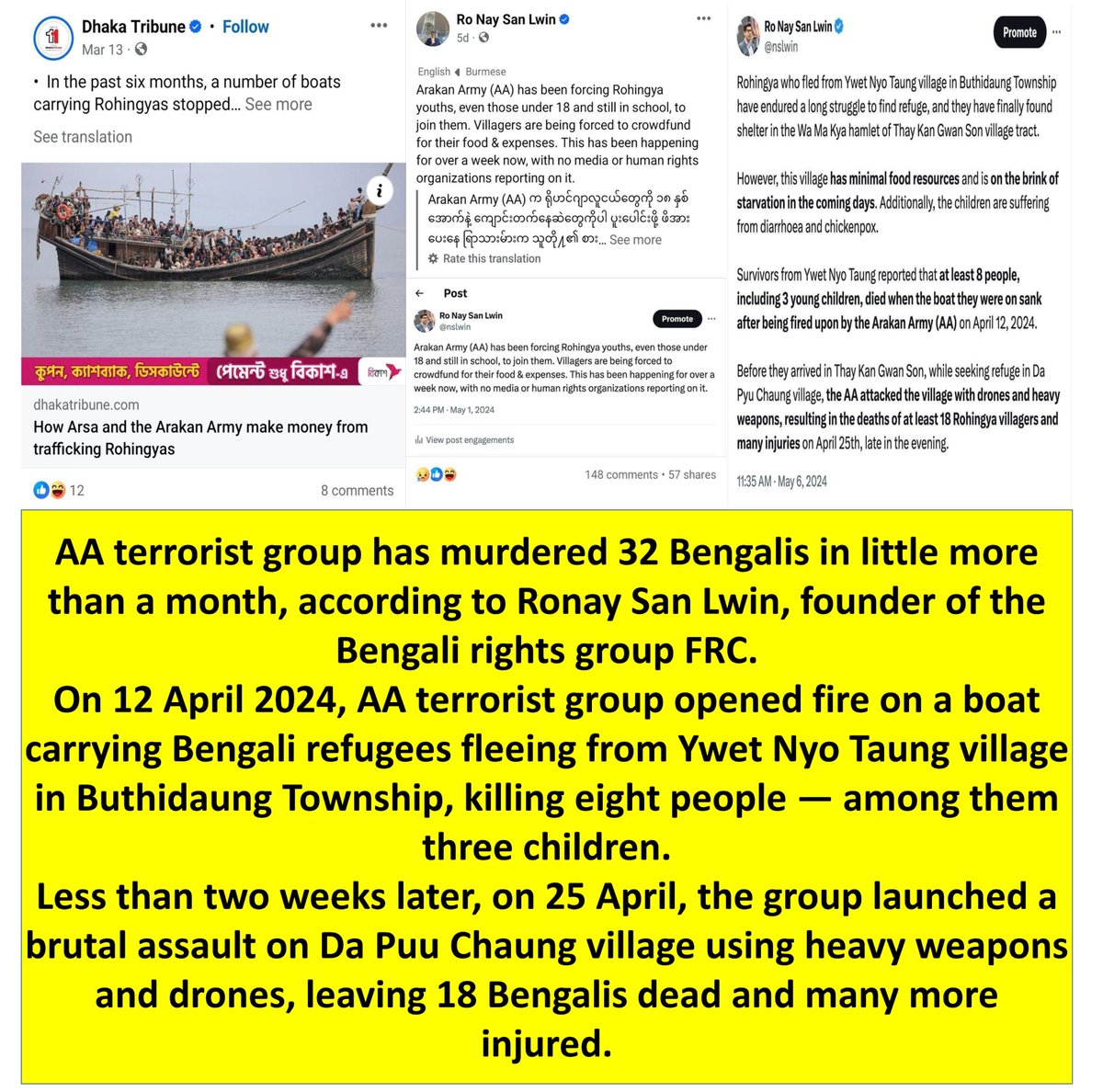 Views of Myanmar (@viewsofmm22) on Twitter photo Reports allege #AA attacks on #Bengali civilians in Rakhine, #Myanmar with rights groups citing a pattern of violence and breaches of international law. Evidence of Atrocities Committed by #AA Armed Group Against Bengalis <a href="/UN/">United Nations</a> <a href="/antonioguterres/">António Guterres</a> <a href="/AJEnglish/">Al Jazeera English</a> <a href="/AJENews/">Al Jazeera Breaking News</a> Reports allege #AA attacks on #Bengali civilians in Rakhine, #Myanmar with rights groups citing a pattern of violence and breaches of international law. Evidence of Atrocities Committed by #AA Armed Group Against Bengalis <a href="/UN/">United Nations</a> <a href="/antonioguterres/">António Guterres</a> <a href="/AJEnglish/">Al Jazeera English</a> <a href="/AJENews/">Al Jazeera Breaking News</a>