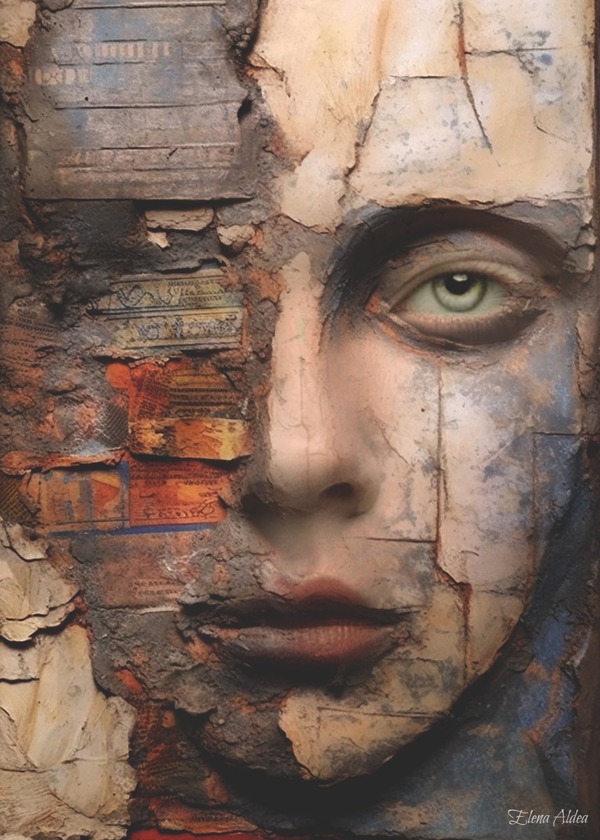 A fractured face carved by time — fragments of memory, silence, and erosion shaping a map of identity. A portrait where decay becomes beauty, and fragility becomes strength.
Available as a print - elenaaldea.com
 #SurrealPortrait  #VisualPoetry #PortraitsOfErosion