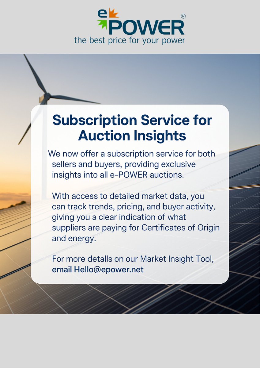 ePOWERrenewable's tweet photo. ⚡ Looking to gain an edge in the renewable energy market? With the new e-POWER Subscription Service, you’ll unlock exclusive insights from our auctions.

📬 Interested? Get in touch at Hello@epower.net to find out more.

#RenewableEnergy #EnergyAuctions #MarketIntelligence https://t.co/gqbPwHCc7k