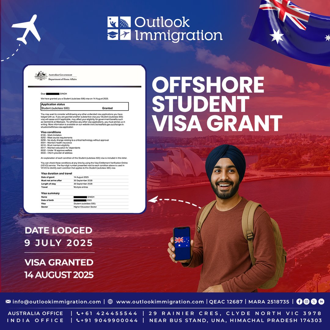 OutlookImmi's tweet image. 🎉 Visa Success Story! 🎉

#StudentVisaAustralia #Subclass500 #VisaGranted #OutlookImmigration #StudyInAustralia #MARARegisteredAgent #VisaSuccess #FutureInAustralia #AustraliaStudyJourney #InternationalStudentsAustralia #AustraliaEducation #StudentVisaApproved