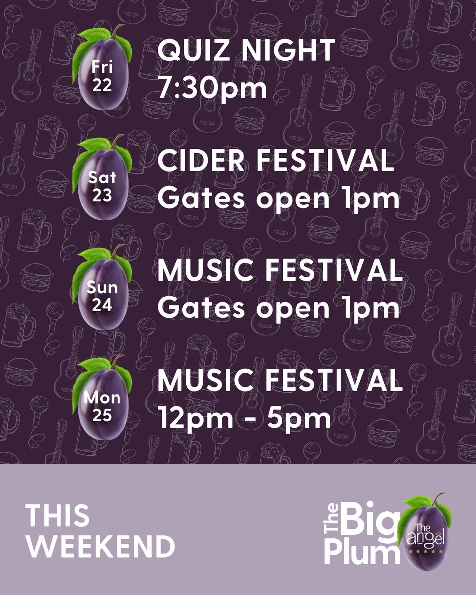 Will you be there? 💬⤵️

FREE ENTRY - Booking not required

The Angel garden bar and food van are open throughout Saturday, Sunday and Monday.

#pershoreplumfestival #bigplumweekend #angelpershore #pershore #worcestershire #visitpershore