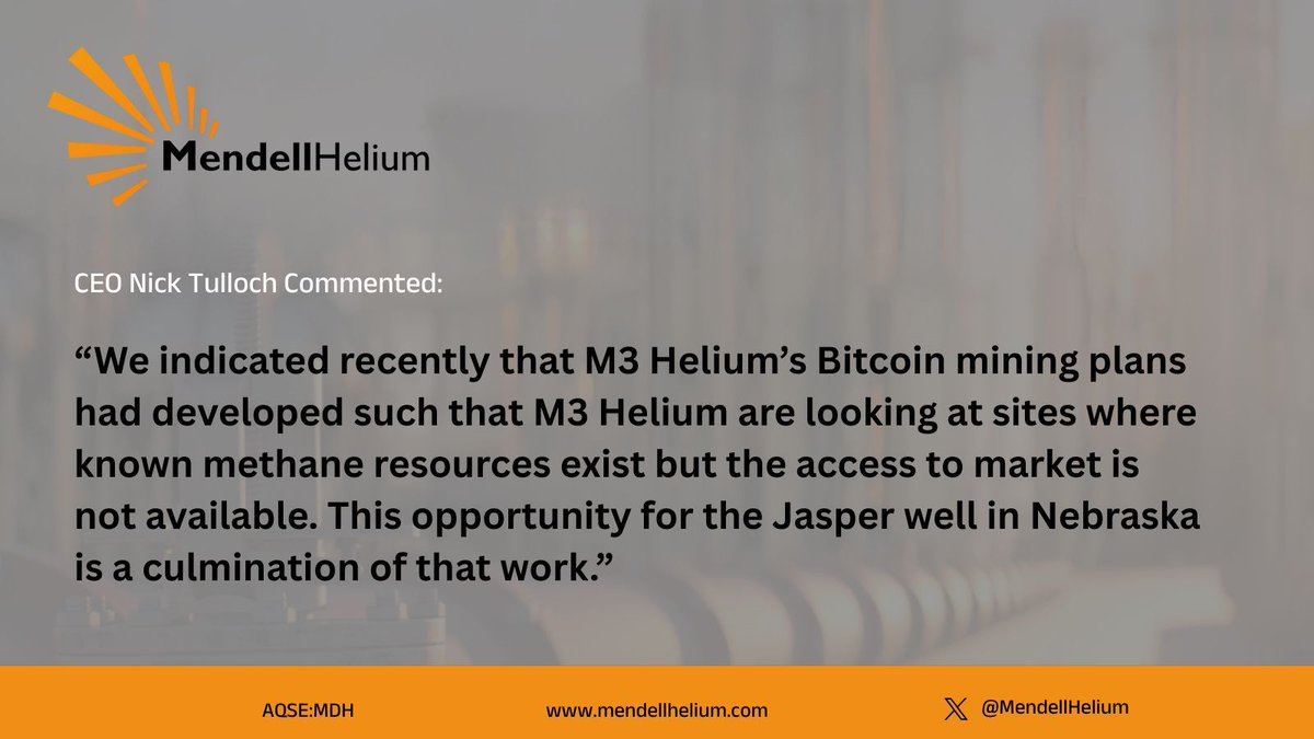 💬Nick Tulloch, CEO of Mendell Helium and Chairman of M3 Helium commented: 

“Historical tests evidence a high concentration of methane that can be utilised directly in a generator without the need for any processing.”

aquis.eu/stock-exchange…

#MDH