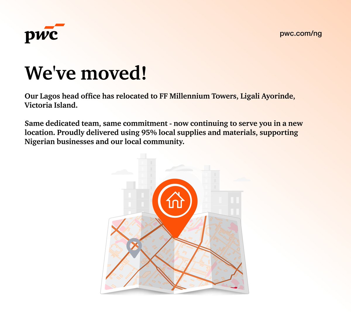 Our Lagos head office has relocated to FF Millennium Towers on Ligali Ayorinde, effective today, Monday, 18 August 2025. 

We look forward to welcoming you to our new collaborative workspace, where we continue to support you in boldly reinventing the future. 

#PwCAtFFTowers