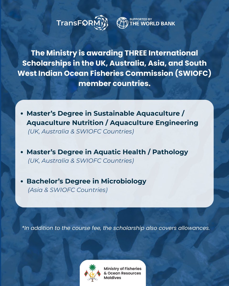 MFORmv's tweet image. Scholarship Opportunities in Mariculture &amp;amp; Marine Science!

The Ministry, with support from the TransFORM Project, is pleased to announce a call for applications for THREE International Scholarship Opportunities in Mariculture and Marine Science. The scholarships are available…