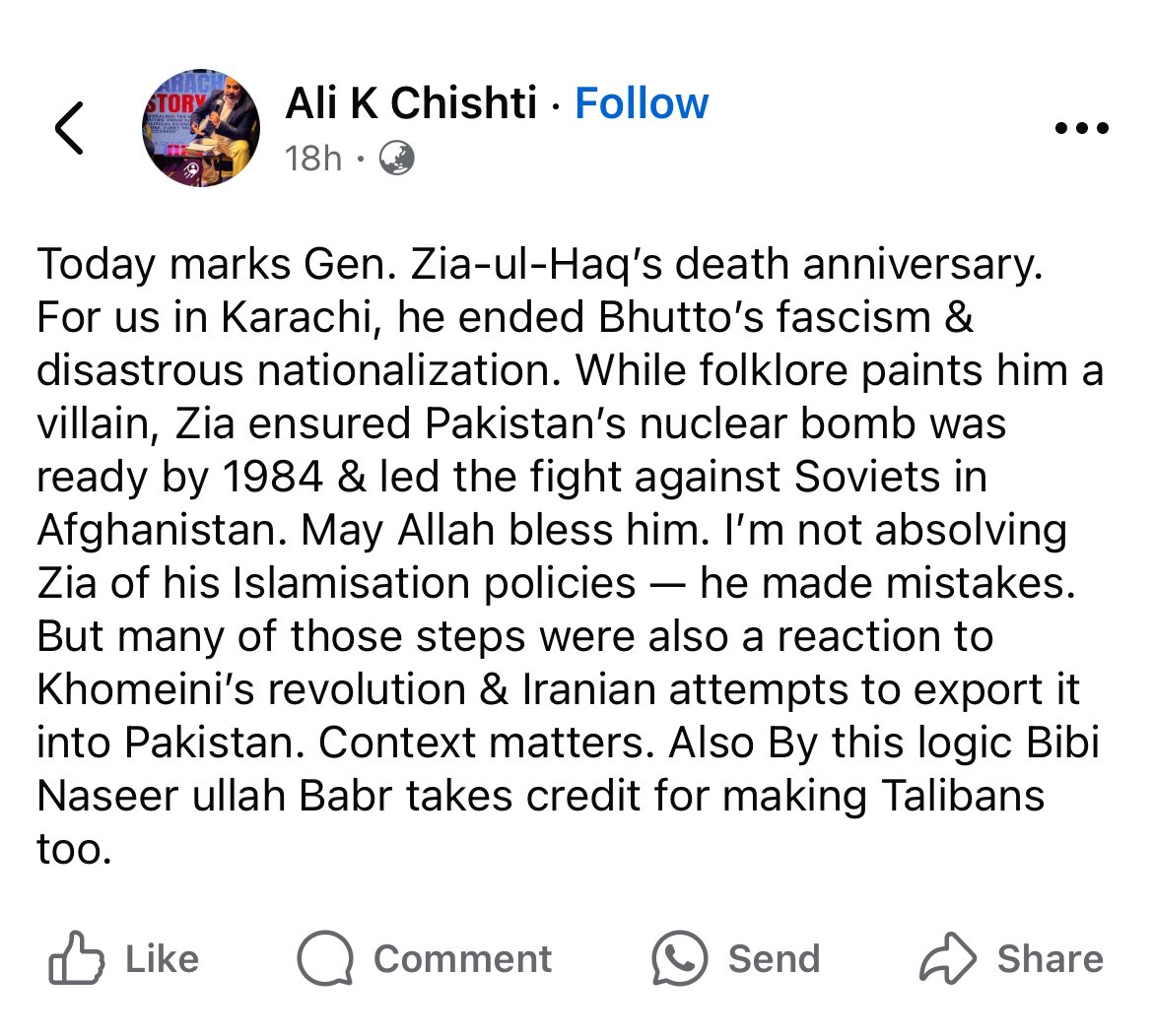 An MQM activist, with deep ties to the Deep State, Whitewashing the Crimes of his Ideological Father General Zia ul Haq. Bhutto’s “fascism” actually laid the foundations of Pakistan’s nuclear program &amp; for that he was overthrown &amp; murdered by General Zia ul Haq’s Crony judges.