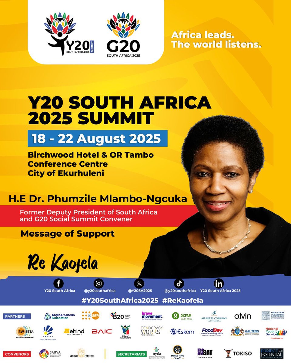 Dr. Phumzile Mlambo-Ngcuka 🇿🇦 will be giving opening reflections today at the Y20 South Africa Summit 2025! 

A trailblazer for gender equality, her leadership will inspire youth as we shape the #Y20 final Communique.

#Y20SouthAfrica2025 #Y20SA2025 #ReKaofela #Y20Summit2025