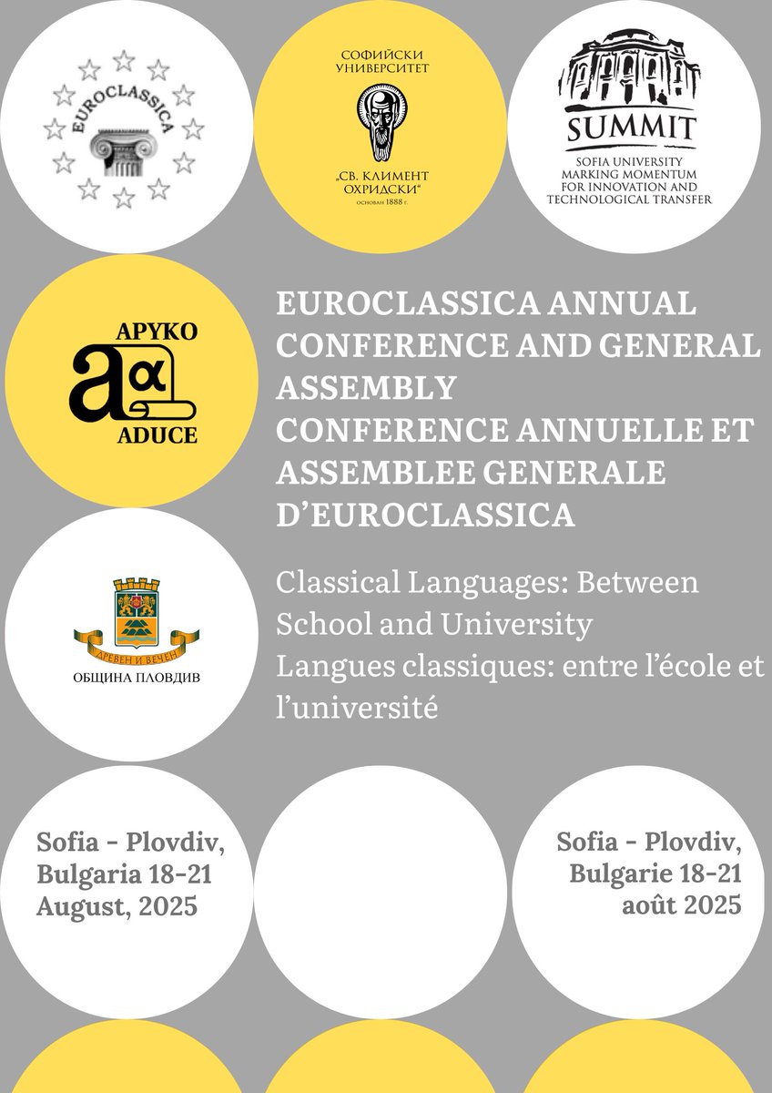 Еврокласика в София и Пловдив, 19-21 август, 2025 г.

Еврокласика - euroclassica.eu е авторитетна международна асоциация на преподаващите класически езици – латински и старогръцки език.

Събитие: facebook.com/events/4120873…