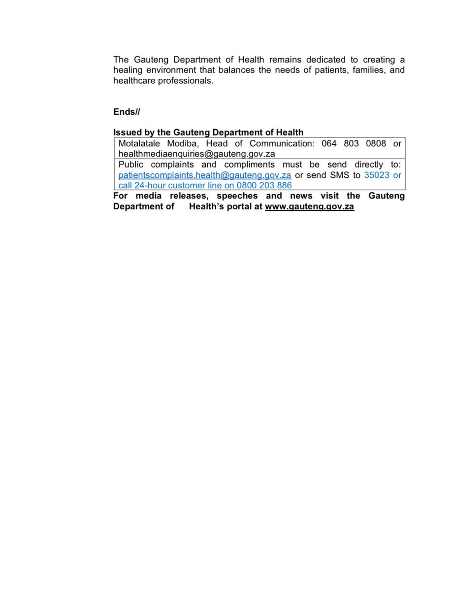 MEDIA STATEMENT || PUBLIC ADVISED OF NEW VISITING HOURS FOR CHRIS HANI
BARAGWANATH ACADEMIC HOSPITAL