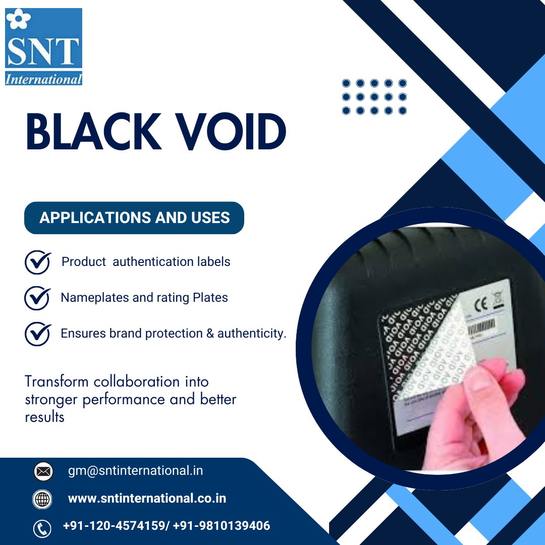 Snt_Pvt_Ltd's tweet image. Secure your brand identity with Black Void Labels – the ultimate solution for product authentication, nameplates, &amp;amp; rating plates.
Ensure authenticity, protection, and trust in every label.
Visit : sntinternational.co.in
#BlackVoid #VoidLabels #BrandProtection #SNTInternational