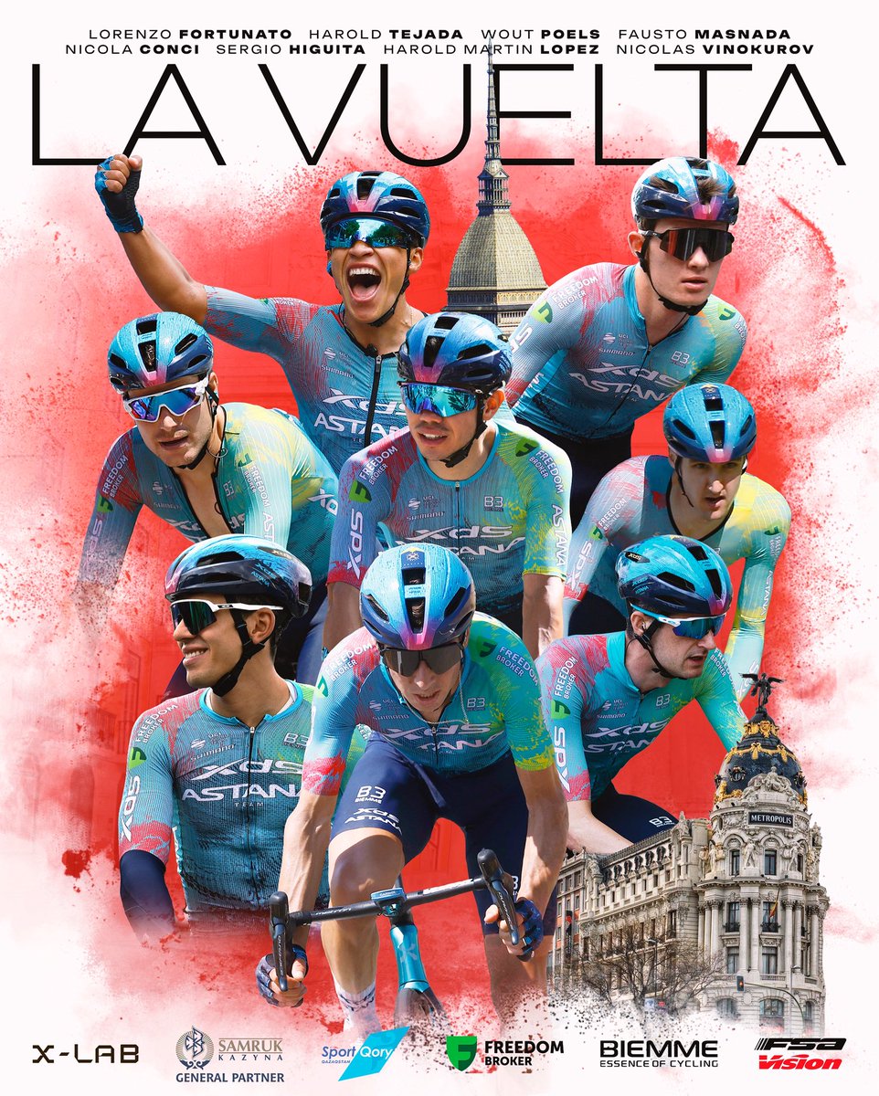 XDSAstanaTeam's tweet photo. 🇮🇹 🇪🇸 ROSTER: @lavuelta 

Our eight 8️⃣ will start in Turin 🇮🇹 on Saturday:

Nicola Conci 🇮🇹 
@lorenzfortunato 🇮🇹 
@HiguitSergio 🇨🇴 
@martinsauri0_ 🇪🇨 
Fausto Masnada 🇮🇹 
Wout Poels 🇳🇱 
@haroldtejada1 🇨🇴 
@NicoVino13 🇰🇿 

#LaVuelta25 #XDSAstanaTeam

📷 @SprintCycling https://t.co/blt5MhtAsA
