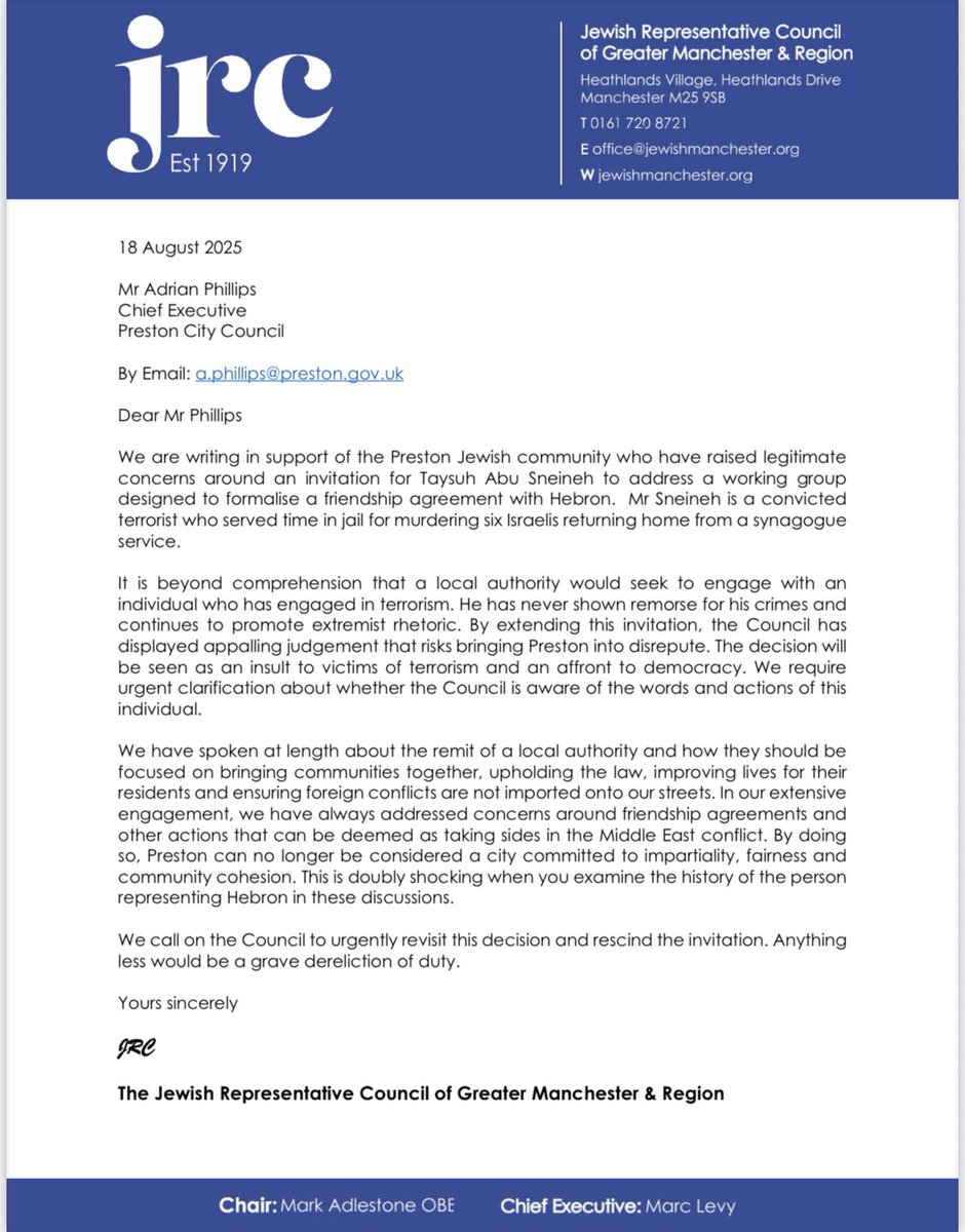 Jewish Representative Council of GM & Region (@jewishmcr) on Twitter photo We have written to Preston City Council objecting to an invitation for the Mayor of Hebron, a convicted terrorist, to speak directly with a working group designed to formalise a friendship agreement between the two cities. We have written to Preston City Council objecting to an invitation for the Mayor of Hebron, a convicted terrorist, to speak directly with a working group designed to formalise a friendship agreement between the two cities.