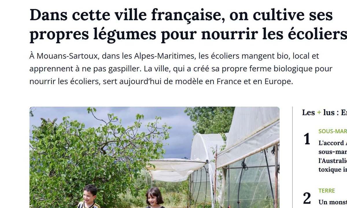 👏Quand on veut, on peut !

À Mouans-Sartoux, les 1200 écoliers mangent des repas 100% bio, avec 85% de légumes de la ferme municipale 🚜

- Même coût que les autres cantines
- 30g de déchets vs 120g ailleurs
- 87% des parents ont changé leurs habitudes

Bravo pour cette belle