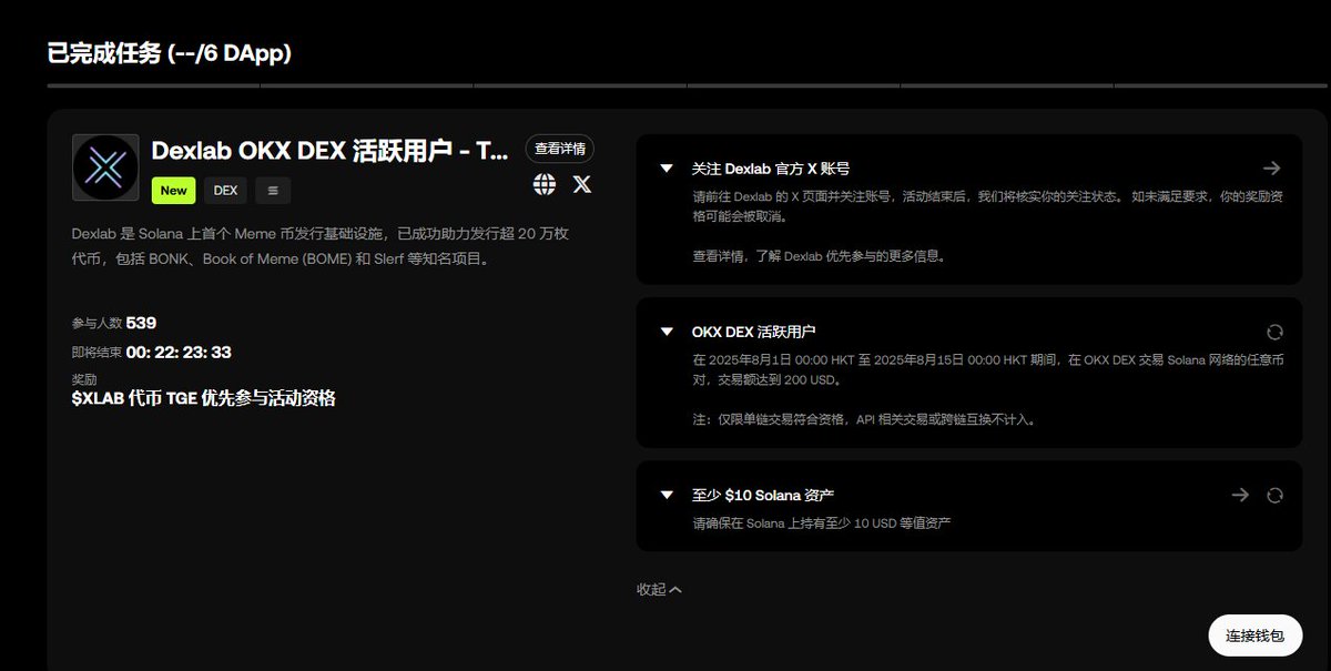 #OKX 直通车又来了 

这期的项目<a href="/Dexlab_official/">Dexlab 🧬</a>

要求 在 2025年8月1日 00:00 HKT 至 2025年8月15日 00:00 HKT 期间，在 OKX DEX 交易 Solana 网络的任意币对 交易额达到 200 USD

时间只有22个小时 目前参与人数600多人

可以获得 $XLAB  代币 TGE 优先参与活动资格