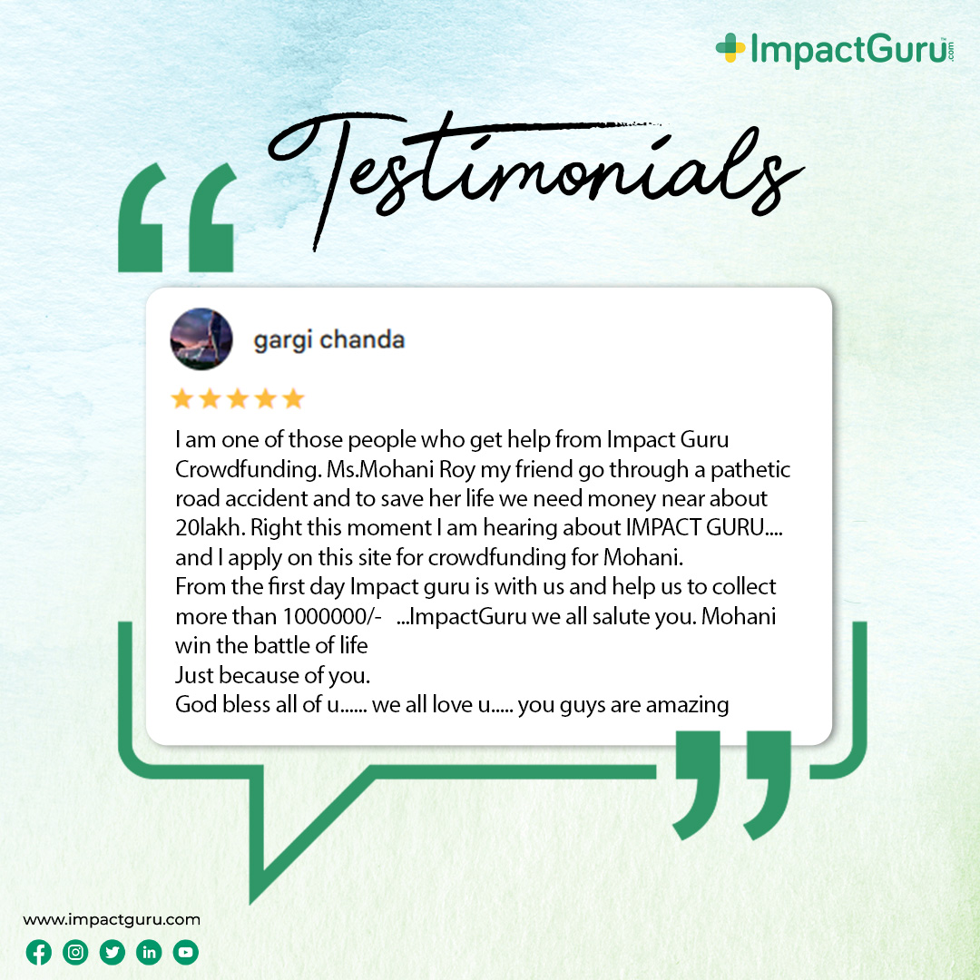 ImpactGuru's tweet image. Stories like yours inspire us to keep doing what we do - empowering individuals and families in their time of need. Thank you for being part of the ImpactGuru community!

#ImpactGuru #Testimonial #KindWords #Gratitude